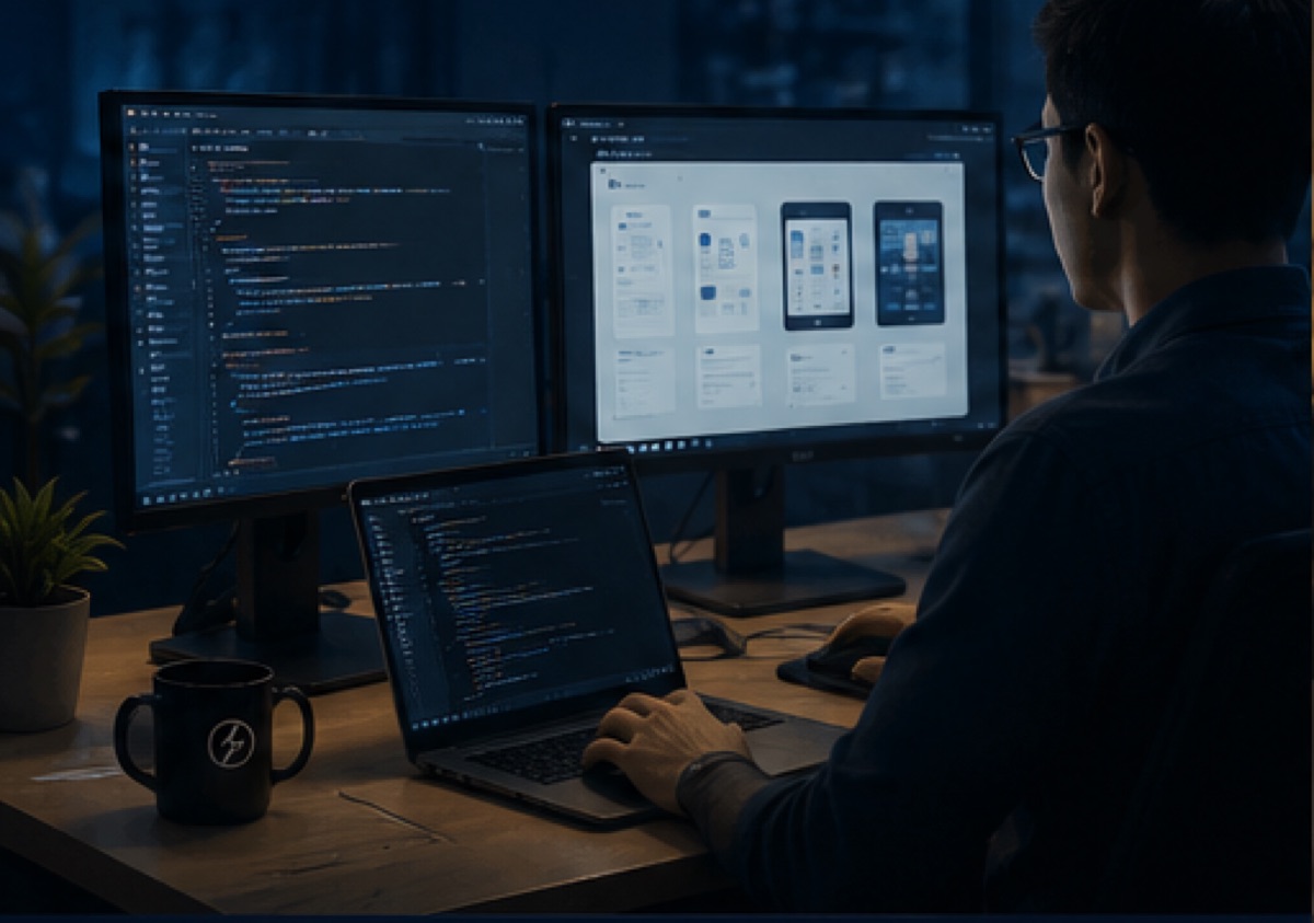 Developer at a dual-monitor workstation